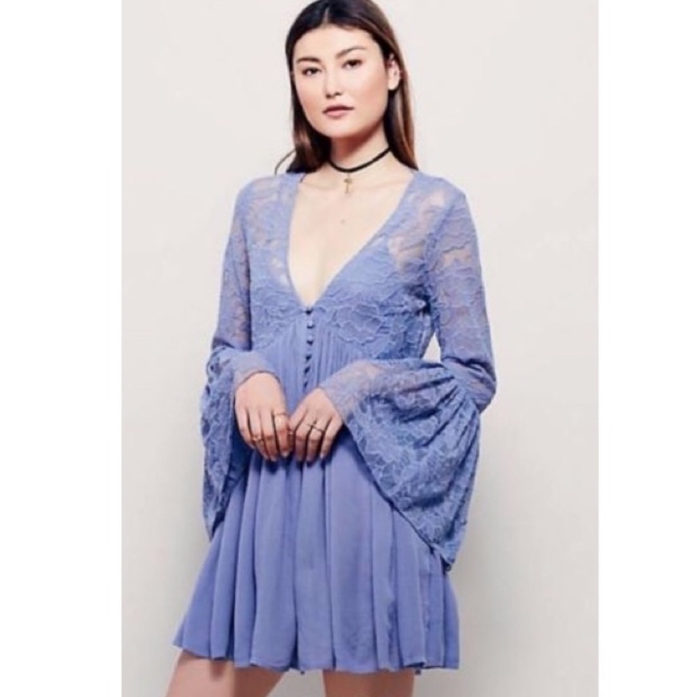 Free People periwinkle Floral Lace bell sleeve dress